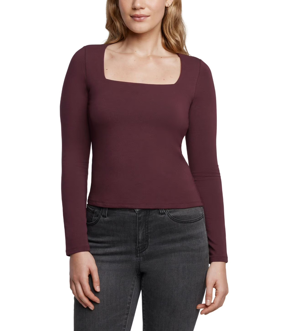 Express Square Neck Top Women's Large Burgundy Stretch Jersey Long Sleeve Fitted